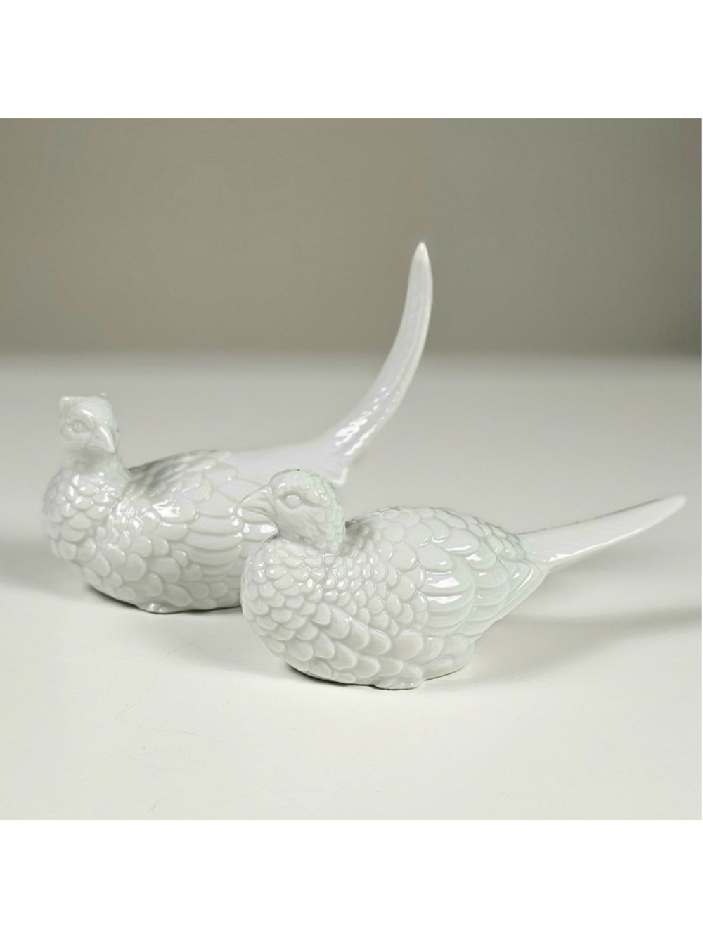 Vintage White Porcelain Pheasant Figurines Pair Japan MCM Gloss Set of 2